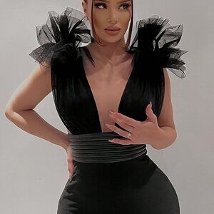 Glamorous Stretch Black Jumpsuit Deep V Neck Bodysuit W/ Oversized Tulle Flower